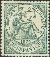 *146. 1874. 20 Cts Verde. Color Intenso Y Bien Centrado. MAGNIFICO. Cert. CEM. Edifil 2018: 260 Euros - Other & Unclassified