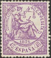 (*)148. 1874. 40 Cts Violeta. Excelente Centraje Y Color Intenso. MAGNIFICO Y RARO. Cert. CEM. Edifil 2018: 600 Euros - Autres & Non Classés