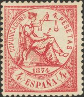 *151. 1874. 4 Pts Carmin. Color Excepcional Y Muy Bien Centrado. MAGNIFICO Y RARO. Cert. CEM. Edifil 2018: 1.120 Euros - Autres & Non Classés