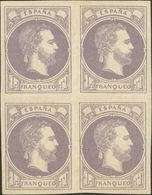 *158(4). 1874. 1 Real Violeta, Bloque De Cuatro (ligeras Arruguitas). MAGNIFICO Y RARISIMO. Edifil 2014: 2.765 Euros - Otros & Sin Clasificación