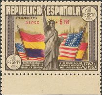 **765hcc. 1938. AEREO+5 PTS. Variedad CAMBIO DE COLOR EN LA SOBRECARGA, En Rojo. MAGNIFICO Y RARO. Cert. CEM. Edifil 201 - Other & Unclassified