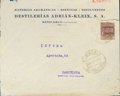 SOBRE EP952. 1931. 30 Cts Castaño Sobre Entero Postal Privado DESTILERIAS ADRIAN-KLEIN De CASTELLON A BARCELONA. Al Dors - Autres & Non Classés