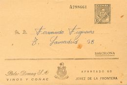 SOBRE EP1431. (1941ca). 15 Cts Verde Gris Sobre Entero Postal Privado PEDRO DOMECQ (Barcelona En Papel Crema) De JEREZ A - Autres & Non Classés