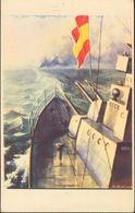 (*). (1936ca). Tarjeta Postal Ilustrada Nº9 (Buque), Con Leyenda Al Dorso "Y También En El Mar Domina Franco". MAGNIFICA - Autres & Non Classés