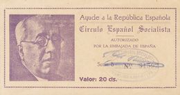 (*). (1936ca). 20 Cts Lila Castaño. CIRCULO ESPAÑOL SOCIALISTA, Realizado En Cuba Con La Efigie De Azaña. MAGNIFICO Y RA - Autres & Non Classés