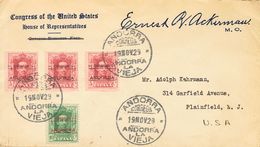 SOBRE 2(3), 3. 1929. 5 Cts Carmín Rojo, Tres Sellos Y 10 Cts Verde. Carta Filatélica De ANDORRA LA VIEJA A PLAINFIELD (U - Autres & Non Classés