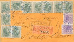 SOBRE 96(2), 68. 1886. 1 Ctvo Verde, Diez Sellos Y 2 ½ Ctvos Lila, Dos Sellos. Certificado De SANTIAGO DE CUBA A HAMBURG - Cuba (1874-1898)