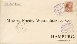 SOBRE 102. 1885. 10 Ctvos Castaño Rojo (Tipo II). LA HABANA A HAMBURGO (ALEMANIA), Circulada Vía Nueva York. MAGNIFICA. - Kuba (1874-1898)