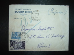 LETTRE EXPRES + POSTE PNEUMATIQUE PARIS TP 50F + 15F OBL.1-4 1955 MANOUBA + FERME DUPLEIX SOURD FRERES - Briefe U. Dokumente