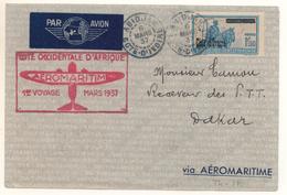 Superbe Enveloppe D'Abidjan 1er Voyage Aéromaritime 1937 Pour Dakar Avec 1F50 Guerrier Seul Sur Lettre + Daguin - Lettres & Documents