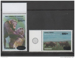 TANZANIA  ,MNH, WILDLIFE OVERPRINTS, PRIMATES, CHIMPANZEES, ZEBRAS, WILDERBEEST, 2v - Chimpanzés