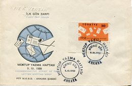 TURKEY,TURQUIE,TURKEI, COMMEMORATIVE STAMP OF THE LETTER WRITING WEEK 1958 FDC - Storia Postale