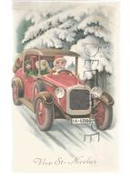 Saint Nicolas à Capuche En Voiture Rouge. Dessin. - San Nicolás