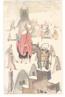 Saint Nicolas Avec Mitre Et Crosse Sur Les Toits De La Ville, âne Sur Un Pignon à Redents. Dessin. - Saint-Nicolas