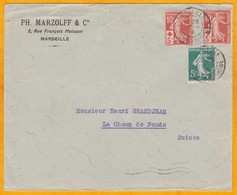 1914 - 2 X N° 147 Surchargés + 5c Semeuse Camée Verte Sur Lettre Marseille-Chaux De Fonds, Suisse - Cad Arrivée - Cruz Roja