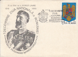 KING FERDINAND OF ROMANIA, NATIONAL DAY, SPECIAL COVER, 1993, ROMANIA - Lettres & Documents