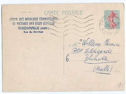 3052 - Entier Postal Semeuse Lignée 1960 Union Des Invalides Combattants Victime Des 2 Guerre Guerres THIONVILLE WILLEMS - Cartes Postales Types Et TSC (avant 1995)