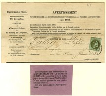 Càd T 17 GRENOBLE (37) / N° 39 Sur Avertissement Avec Papillon Violet Du Gouvernement De La Défense Nationale. 1871. - T - 1870 Ausgabe Bordeaux