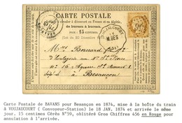 GC Rouge 456 (Besançon) / N° 59 Conv. Stat. VOUJAUCOURT / M. BES (24) Sur CP Avec Texte Daté De Bavans Le 18 Janvier 187 - 1871-1875 Cérès