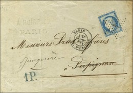 Etoile 4 / N° 60 Càd PARIS / R. D'ENGHIEN Sur Lettre Pour Perpignan Réexpédiée à La Junquère (Espagne) Taxée 1 P Bleu. 1 - 1871-1875 Cérès