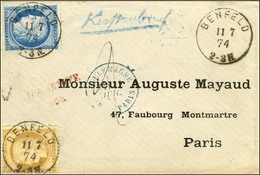 Càd BENFELD / N° 55 + 60 Sur Lettre Insuffisamment Affranchie Pour Paris. 1874. Exceptionnelle Combinaison. - SUP. - RR. - 1871-1875 Cérès