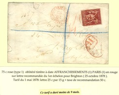 Càd Rouge (1) AFFRANCHISSEMENT (1) / PARIS / N° 71 (leg Def) Sur Lettre Recommandée Pour Brighton. 1878. Ce Tarif A Duré - 1876-1878 Sage (Type I)