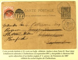 Càd PARIS 43 / RUE LITTRE Sur Entier 10c Pour Cheltenham Réexpédié à Alestone-Hill Après Adjonction D'un Timbre Anglais  - 1876-1878 Sage (Type I)