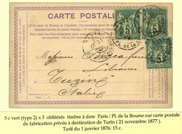 Càd PARIS / PL. DE LA BOURSE / N° 75 (3) Sur Carte De Fabrication Privée Pour Turin. 1877. - TB. - 1876-1878 Sage (Type I)