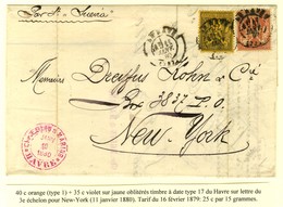 Càd LE HAVRE (74) / N° 70 + 93 Sur Lettre 3 Ports Pour New York. 1880. - TB. - R. - 1876-1878 Sage (Type I)