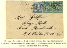 Cachet Ambulant AVRICOURT A PARIS / N° 75 (2) + 90 Sur Lettre Pour Saint-Merbeville (New South Wales). 1899. - TB. - R. - 1876-1878 Sage (Type I)