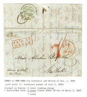 Lettre Avec Texte Daté De Derry Vers New York Via Liverpool Et Boston Le 1er Octobre 1846. Au Recto Marque Postale Rouge - Other & Unclassified