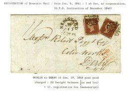 Lettre Chargée De Dublin Affranchie Avec 2 Exemplaires Du One Penny. 1843. - TB. - R. - Other & Unclassified