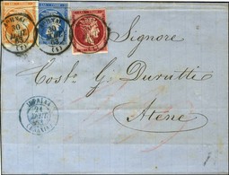 Cachet Bleu Du Bureau Russe D'Ibraïla Sur Lettre Non Affranchie Pour Athènes. Au Recto, Grèce 10 Lep + 20 Lep + 80 Lep O - Other & Unclassified