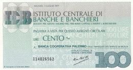 MINIASSEGNI ISSUED BY ISTITUTO CENTRALE DI BANCHE E BANCHIERY, 100 LIRE, 1977, ITALY - [10] Assegni E Miniassegni