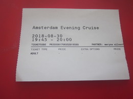 AMSTERDAM EVENING CRUISE Titre Transport-Tours & Ticket Billet D'EMBARQUEMENT A BORD DU BATEAU DE NUIT - Europa