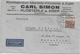 TCHECOSLOVAQUIE - 1938 - ENVELOPPE Par AVION De KLÖSTERLE A. EGER => MARSEILLE - Covers & Documents