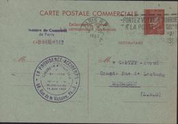Entier CP Commerciale Petain 80ct Rouge Sur Vert Chambre Commerce Paris CAD Paris RP Départ 1942 Flamme Portez Courrier - Cartes Postales Types Et TSC (avant 1995)