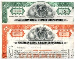 200 AMERICAN CABLE & RADIO STOCKS (100 GREEN 100 ORANGE) 1940's-60's BEAUTIFUL ART DECO CERTIFICATES! LOWEST PRICE 25c!! - Alla Rinfusa - Banconote