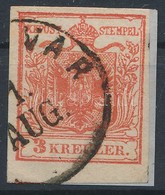 1850 3kr HP I Cinnober, Bal ívszéli Nyomat, Lemezhiba Hirsching 23 ,,(TEMES)VAR' Certificate: Strakosch - Altri & Non Classificati