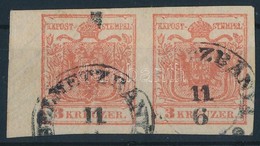 O 1850 3kr HP III Sötétrózsaszín Pár, A Bal Oldali Bélyeg 6-6,5 Mm ívszéllel, óriási Vízjellel ,,SELMETZBÁNYA' Certifica - Altri & Non Classificati