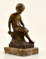 Jelzés Nélkül: Ülő Kisfiú és A Béka. Bronz, Márvány Talapzaton, M:12,5 Cm - Sonstige & Ohne Zuordnung