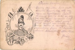* T3 1904 Osztrák-magyar Tüzértisztet ábrázoló Művészlap / Austor-Hungarian Gunner, Art Postcards (kis Szakadás / Small  - Ohne Zuordnung