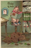 T2/T3 Boldog új évet! / New Year Greeting Card, Pig With Gold. Litho (EB) - Non Classificati