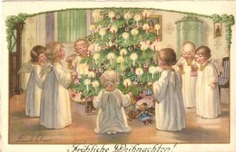 T2 Fröhliche Weihnachten! / Christmas Greeting Card With Christmas Tree And Children Dressed As Angels. AR. No. 2668. S: - Unclassified