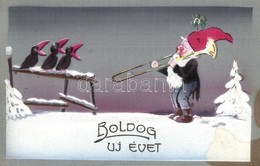 T2/T3 Boldog Újévet! / New Year Greeting Card, Dwarf Playing On A Trombone (fl) - Ohne Zuordnung