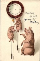 * T2/T3 Boldog Újévet! / New Year Greeting Card, Pigs With A Clock. Litho (EK) - Ohne Zuordnung