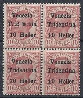 1918 TRENTINO ALTO ADIGE 10 H SU 10 CENT VARIETà QUARTINA MNH ** - RR12203 - Trento
