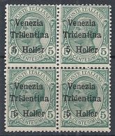 1918 TRENTINO ALTO ADIGE 5 H SU 5 CENT QUARTINA MNH ** - RR12203 - Trento