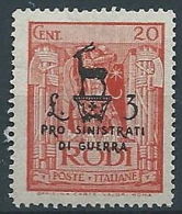 1944 OCCUPAZIONE TEDESCA EGEO PRO SINISTRATI 3 LIRE + 20 C MNH ** - RR13181 - Aegean (German Occ.)