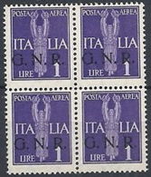 1944 RSI GNR VERONA POSTA AEREA 1 LIRA QUARTINA MNH ** - RSI166-5 - Luftpost